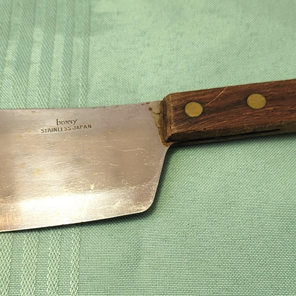 Vintage 70s Bonny Mini Cheese Cleaver Knife Stainless Japan Wood Handle 6.5"